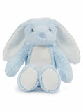 A plush bunny by Mumbles, model MM060, is designed in soft blue fabric with floppy ears and a white belly, sitting upright.