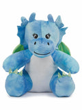 The Mumbles MM060 is a plush blue dragon featuring green wings, large eyes, and a playful expression, sitting upright.