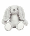 The Mumbles MM060 plush gray bunny, featuring long floppy ears, a soft white belly, and round paws, is sitting upright against a white background.