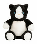 The Mumbles MM060 plush toy is designed to resemble a black and white cat sitting upright. It features a white face and belly, blue eyes, and black ears, giving it a soft and cuddly appearance.