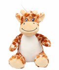 The Mumbles MM060 is a plush giraffe toy featuring large eyes, a friendly smile, and orange and white patterned fur. It has short horns and a mane, and sits upright with its legs spread slightly apart.