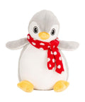 The Mumbles MM060 is a plush penguin toy featuring a cute appearance with a gray back, white belly, and large round eyes. It wears an adorable red scarf adorned with white polka dots and has charming yellow feet.