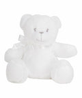 The Mumbles MM060 is a plush white teddy bear that sits upright with a satin ribbon around its neck. Its simple embroidered face gives it a cute and friendly appearance.