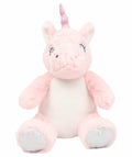 Introducing the MM060 by Mumbles: a soft and cuddly pink plush unicorn with a shimmering pink horn, white belly, and sparkling silver feet. It features beautifully embroidered eyes and a fluffy mane for added charm.