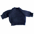 A Mumbles MM083 dark blue knit sweater featuring long sleeves and a round neckline, displayed against a white background.
