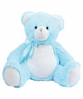Introducing the Mumbles MM556: a large light blue teddy bear featuring a white belly, adorned with a blue ribbon around its neck, and sitting upright.