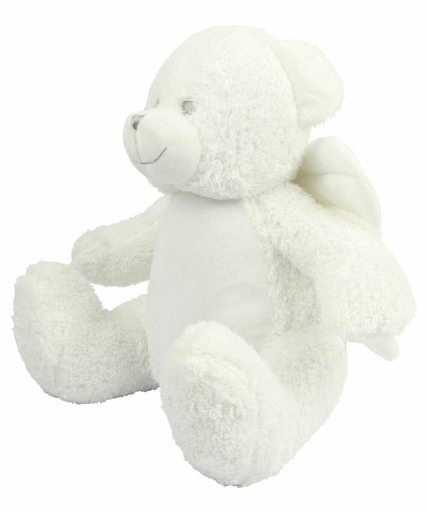 A white plush teddy bear, MM561 by Mumbles, sits upright, smiling, with wings attached to its back.