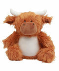 The MM565 by Mumbles is a plush toy crafted to resemble a brown Highland cow, featuring large white horns and a white belly.