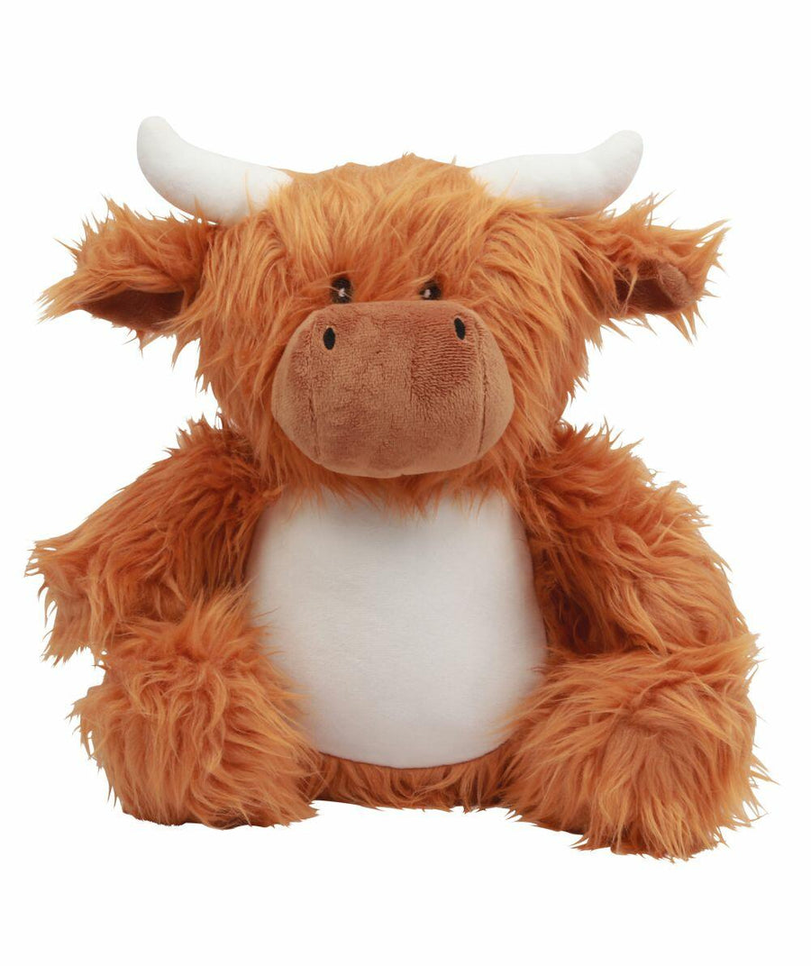 The MM565 by Mumbles is a plush toy crafted to resemble a brown Highland cow, featuring large white horns and a white belly.