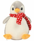 Mumbles MM566: A plush penguin featuring a red polka dot scarf and orange feet, sitting upright.