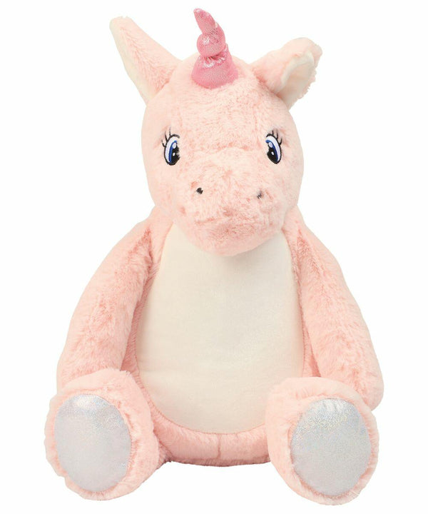 A Mumbles MM570 stuffed pink unicorn with a white belly, large eyes, a small horn, and shiny silver feet, seated against a white background.
