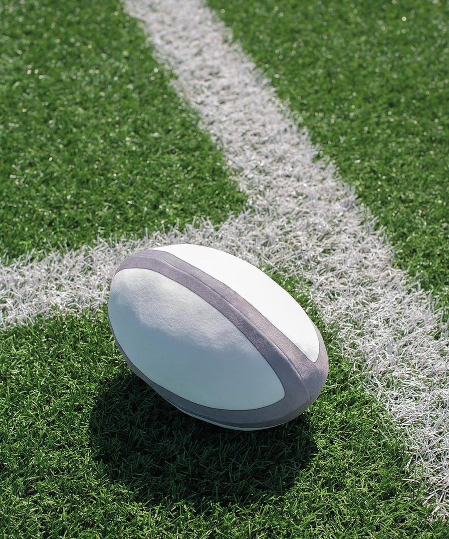 The Mumbles Zippie rugby ball, in white and grey, rests on green artificial turf near a white painted pitch line.
