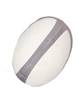 A white oval-shaped soft toy with a thick grey stripe across its surface, shown on a plain white background.