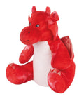 The Mumbles Zippie red dragon is a soft toy with a white tummy, small wings, stitched details on its feet and head, and a smiling face. The dragon sits upright.