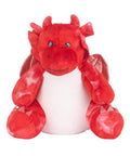 A Soft Toys plush dragon, red with a white belly, shiny red wings, small horns and spikes, sits upright facing forwards on a white background.