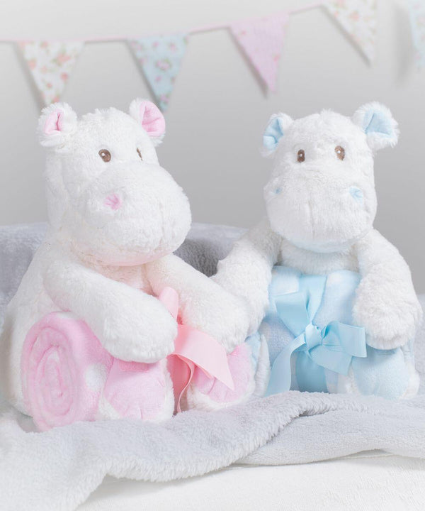 Two stuffed hippo toys holding rolled blankets, one with a pink blanket and bow and the other with a blue blanket and bow, against a backdrop with bunting. The product is the Mumbles MM606.