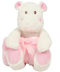A plush hippo from Mumbles, model MM606, features a white and pink design with a pink ribbon around its waist and sits facing forward.