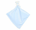 A light blue MM700 baby blanket from Mumbles, featuring a plush teddy bear attached at one corner.