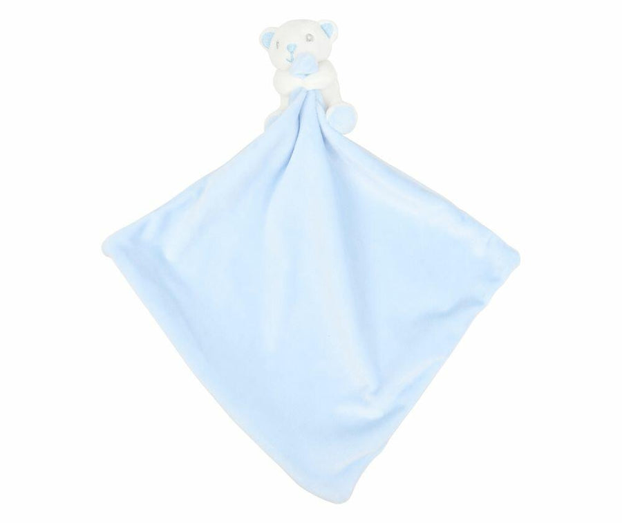 A light blue MM700 baby blanket from Mumbles, featuring a plush teddy bear attached at one corner.