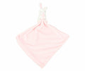 A pink baby security blanket from Mumbles, the MM700 model, featuring a stuffed white rabbit head and arms at the top.