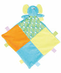 A Mumbles MM701 featuring an elephant head with blue and yellow ears and multi-colored patchwork squares in orange, yellow, blue, and a patterned blue-green design.