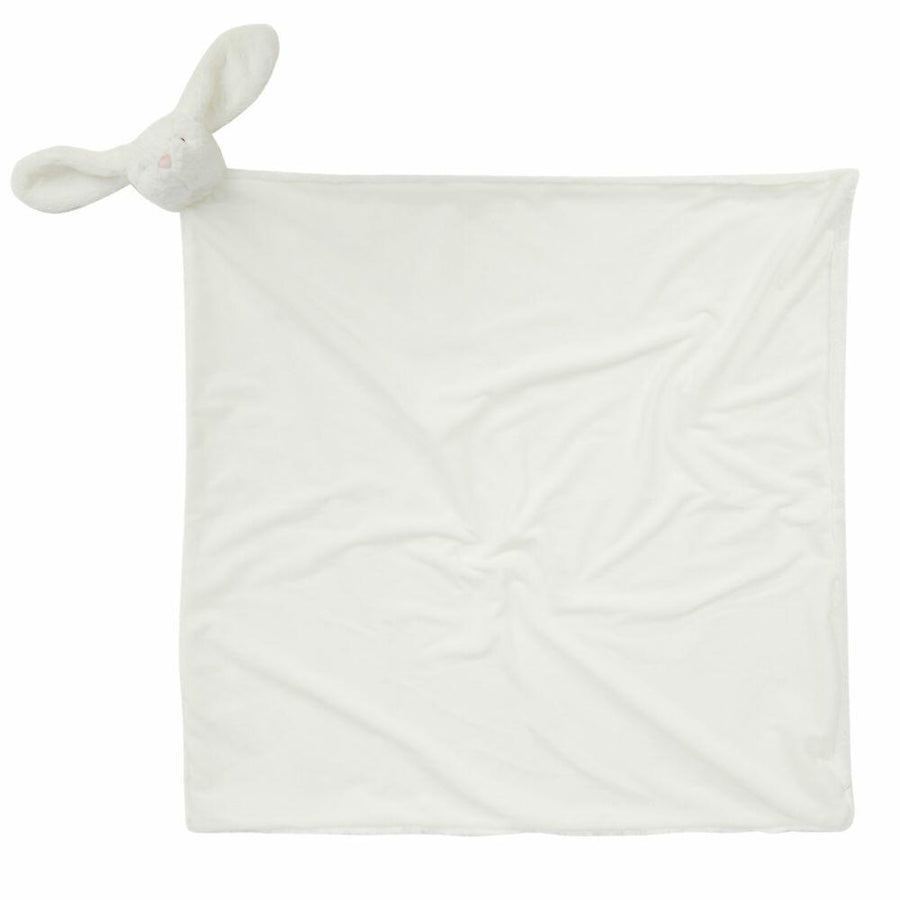 A baby blanket from Mumbles, Model MM751, in white with a plush bunny head attached at one corner.