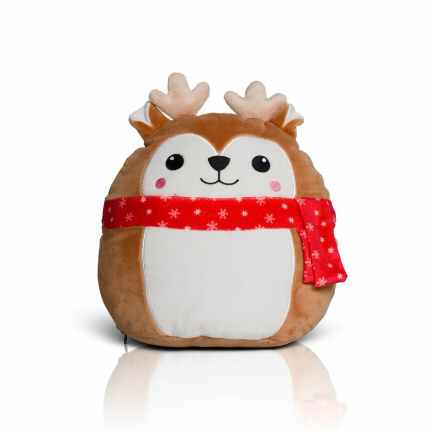 A round, brown plush toy from Mumbles, featuring antlers, rosy cheeks, and a red snowflake-patterned scarf. Model: MM800.