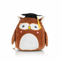 A Mumbles MM800 plush owl toy features a black graduation cap with a yellow tassel. The brown owl has a white belly, large embroidered eyes, and is sitting upright against a plain white background.
