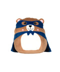 Soft Toys: A brown plush bear with a white tummy, pink cheeks, and blue superhero mask and cape, sitting upright and facing forwards.