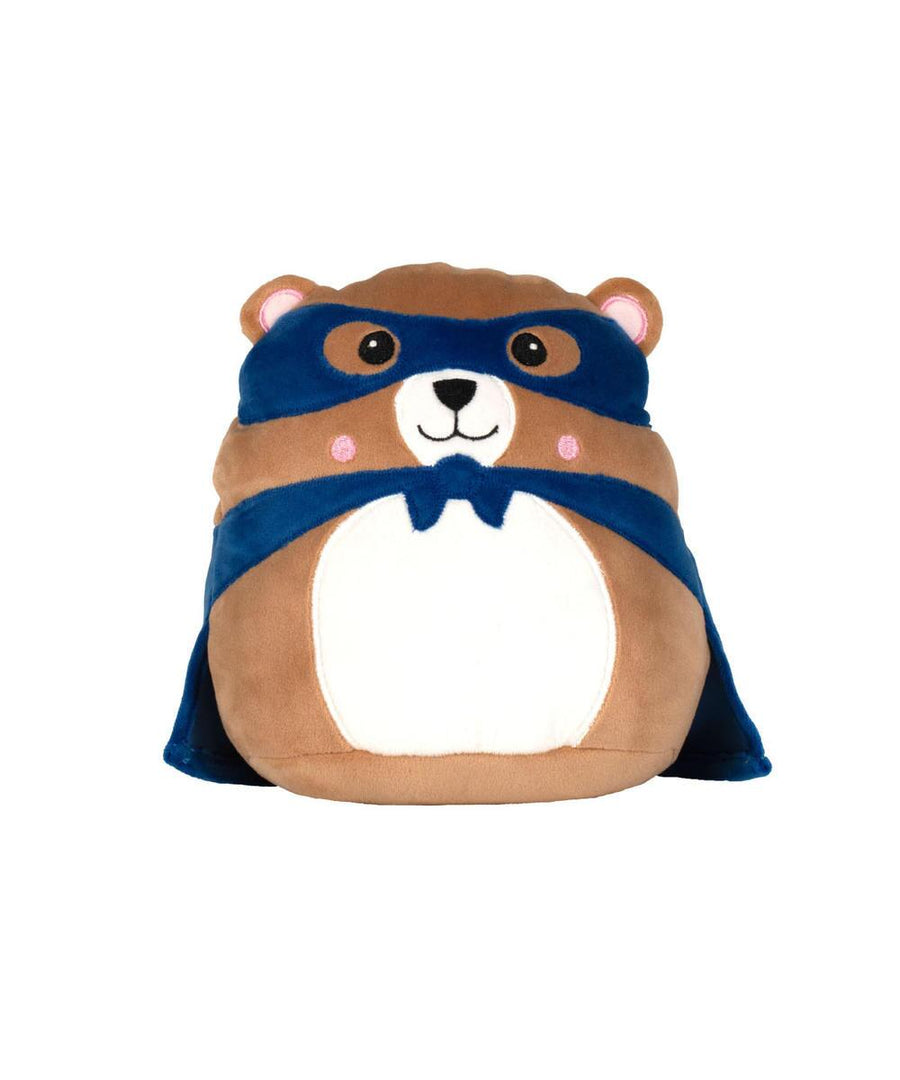 Soft Toys: A brown plush bear with a white tummy, pink cheeks, and blue superhero mask and cape, sitting upright and facing forwards.