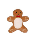 A Soft Toys plush shaped like a smiling gingerbread person, featuring red cheeks, a red bow tie, a white tummy, and white icing on the arms and legs, displayed on a plain white background.