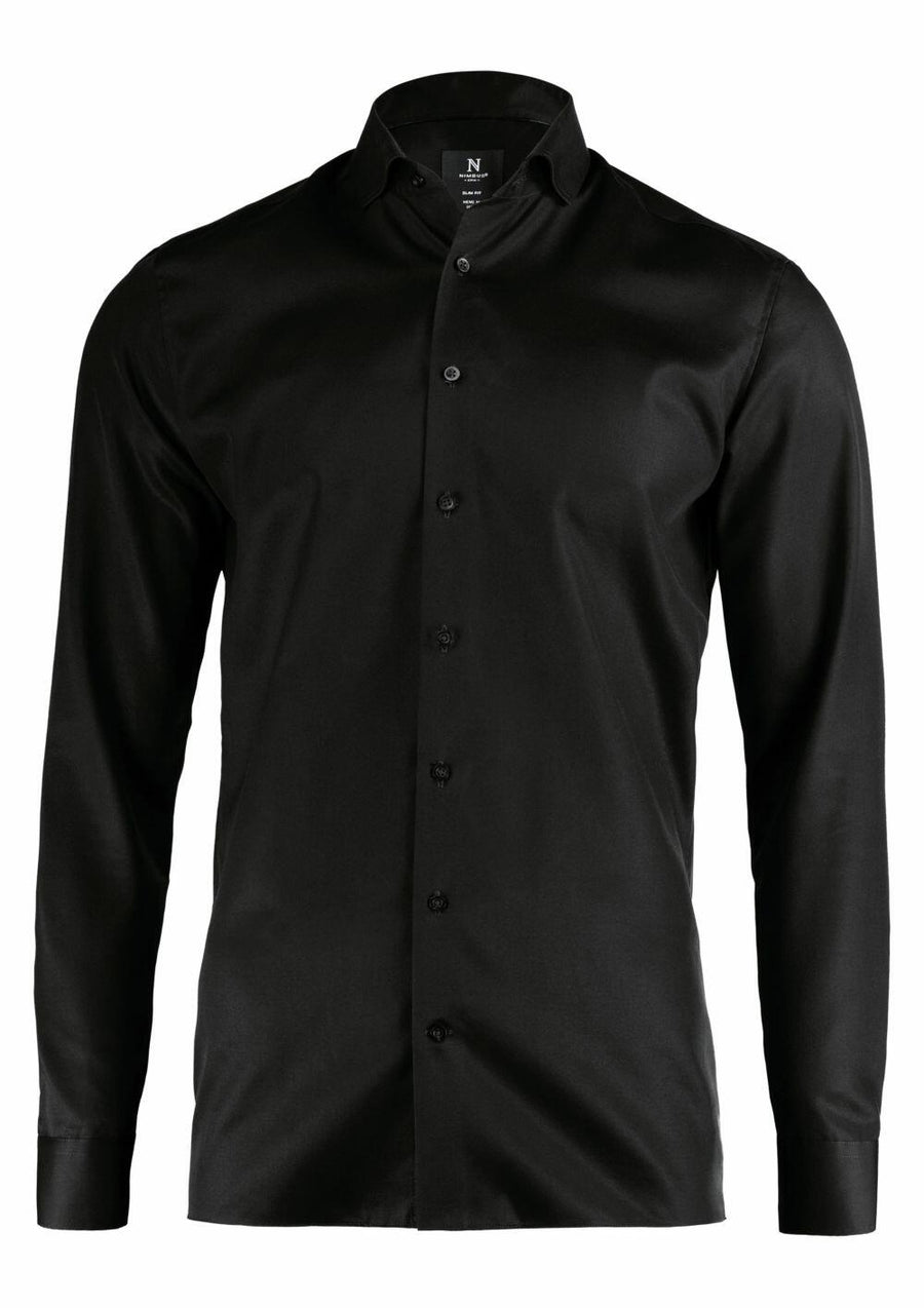 A black, long-sleeve collared button-up shirt from Nimbus, product number N102M, displayed against a white background.