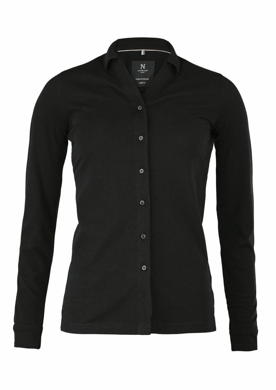 Nimbus N103F black long-sleeve button-up shirt with a collar, showcased on a plain background.