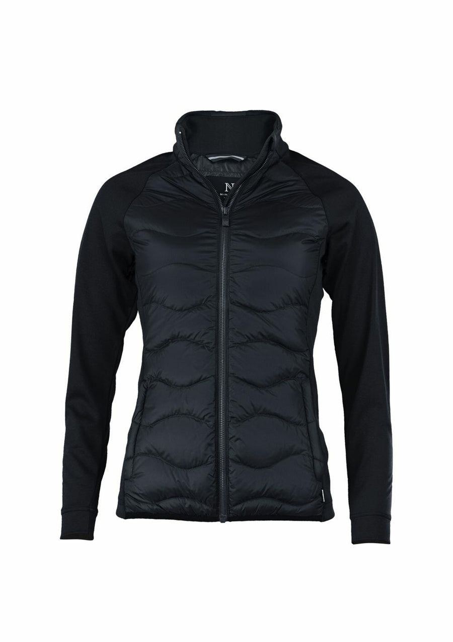 The Nimbus N104F is a black jacket featuring a quilted front, zip closure, long sleeves, and a high collar.