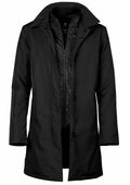 A Nimbus N105F black trench coat with a high collar and button closure, displayed against a white background.