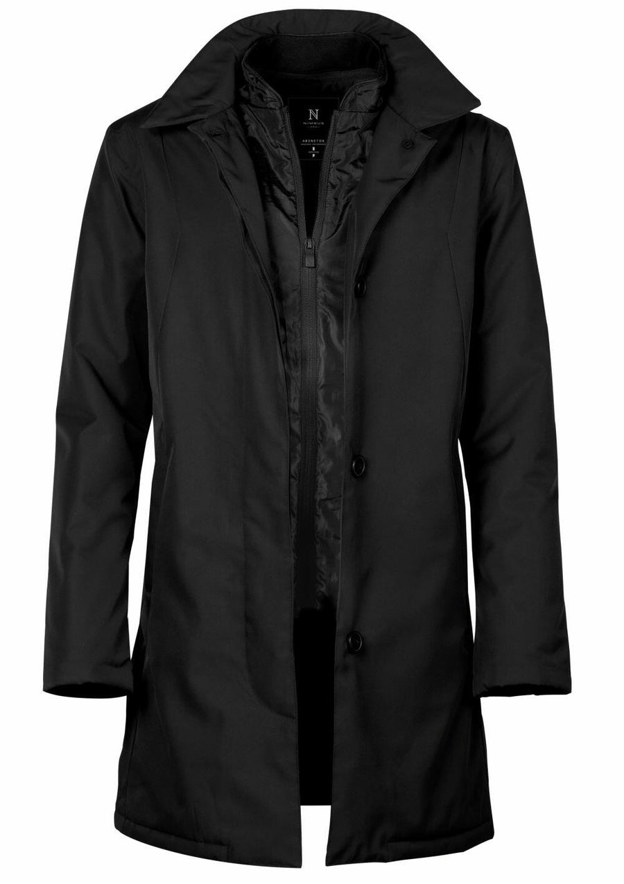 A Nimbus N105F black trench coat with a high collar and button closure, displayed against a white background.