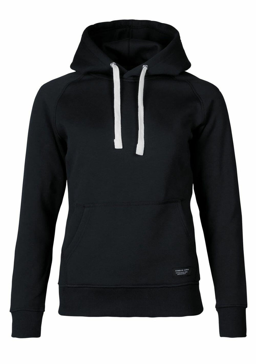The Nimbus N106F, a black hoodie featuring a front pocket and white drawstrings, is displayed against a plain background.