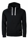 A simple black hoodie by Nimbus, featuring white drawstrings and a front pocket, known as the N106M.