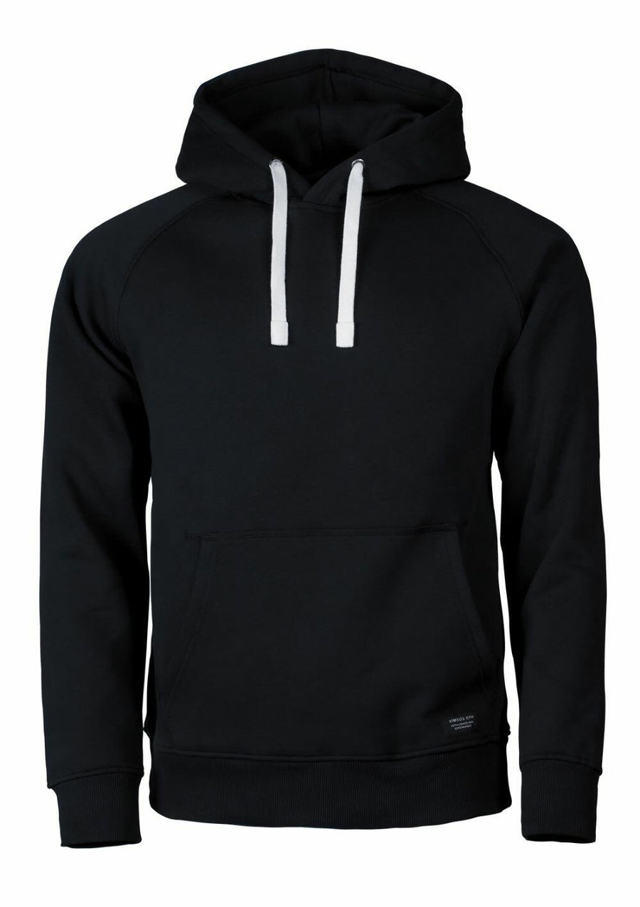 A simple black hoodie by Nimbus, featuring white drawstrings and a front pocket, known as the N106M.