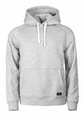 Nimbus's N106M features a gray hooded sweatshirt complete with white drawstrings, a front pocket, and a small black label positioned on the lower left side.
