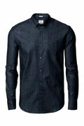 Nimbus's N108M is a dark blue denim button-up shirt featuring long sleeves and a standard collar, shown against a white background.