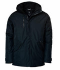 The Nimbus N111M features a black winter jacket equipped with a hood, zipper and button closures, along with two front pockets.