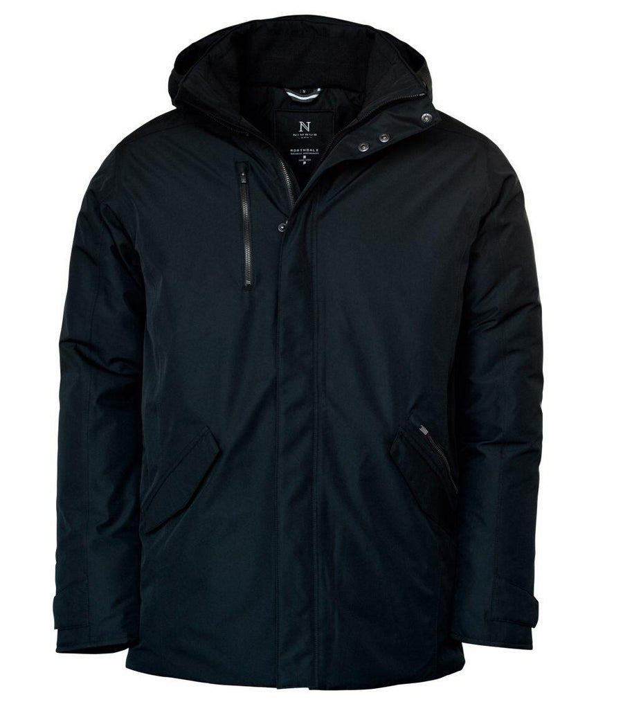 The Nimbus N111M features a black winter jacket equipped with a hood, zipper and button closures, along with two front pockets.