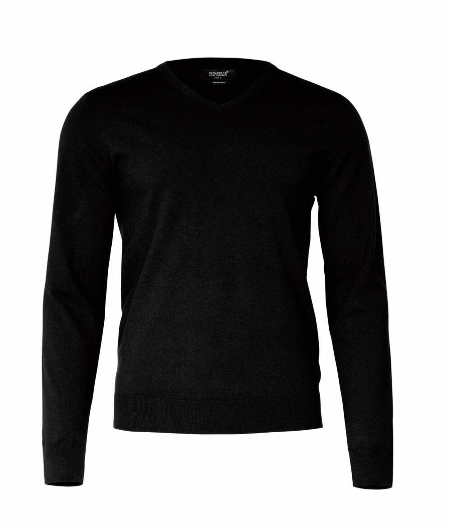 Nimbus N112M sweater featuring a black V-neck and long sleeves set against a white background.