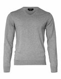 The Nimbus N112M, a grey V-neck sweater featuring long sleeves, is showcased against a white backdrop.