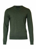 Nimbus's N112M sweater is showcased on a plain white background. This dark green, V-neck garment features long sleeves and a fitted style with ribbed detailing around the cuffs, hem, and neckline.
