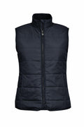 The Nimbus N114F is a black quilted vest featuring a sleeveless design, a front zipper, and a high collar.