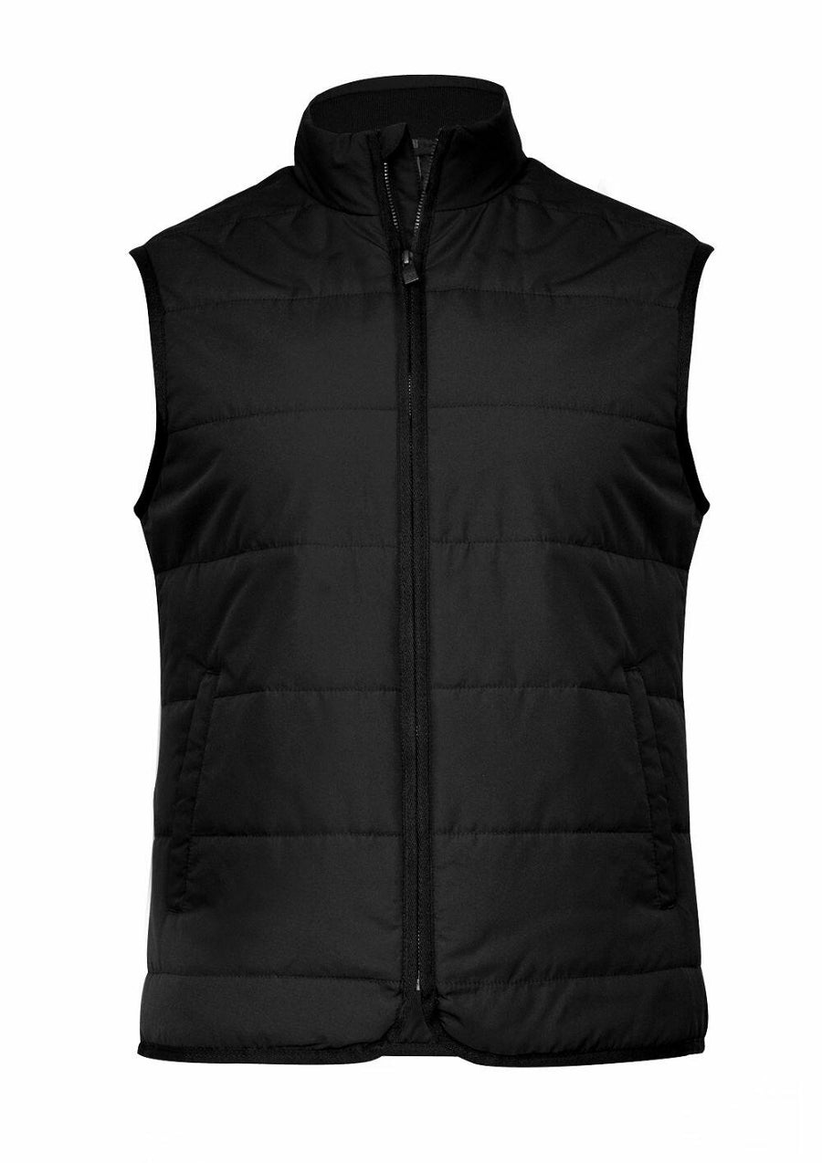 The N114M vest by Nimbus is a black, sleeveless padded design featuring a stand-up collar and front zipper.