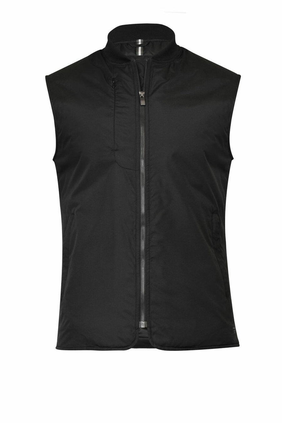 Nimbus's N115M is a black sleeveless vest with a high collar, complete with a chest pocket and front zipper closure.