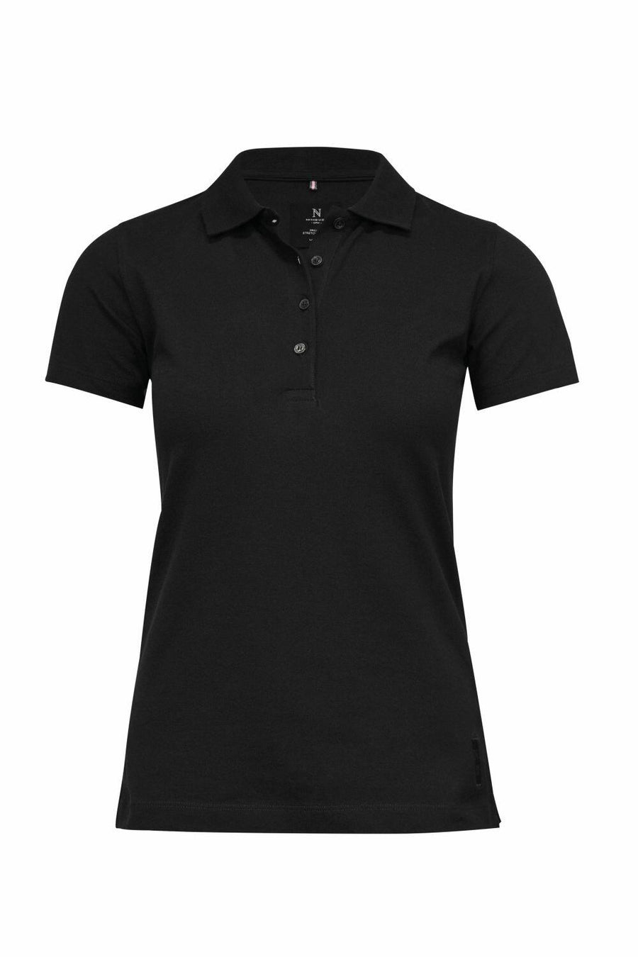 The Nimbus N119F black short-sleeve polo shirt features a collar and buttoned placket, showcased against a white background.